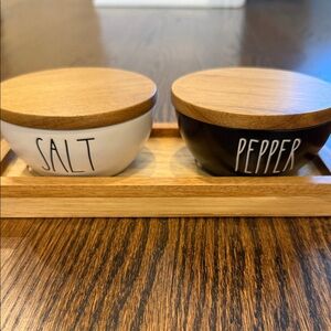 Rae Dunn Salt and Pepper Ceramic Jars with Wooden Lids - White & Black